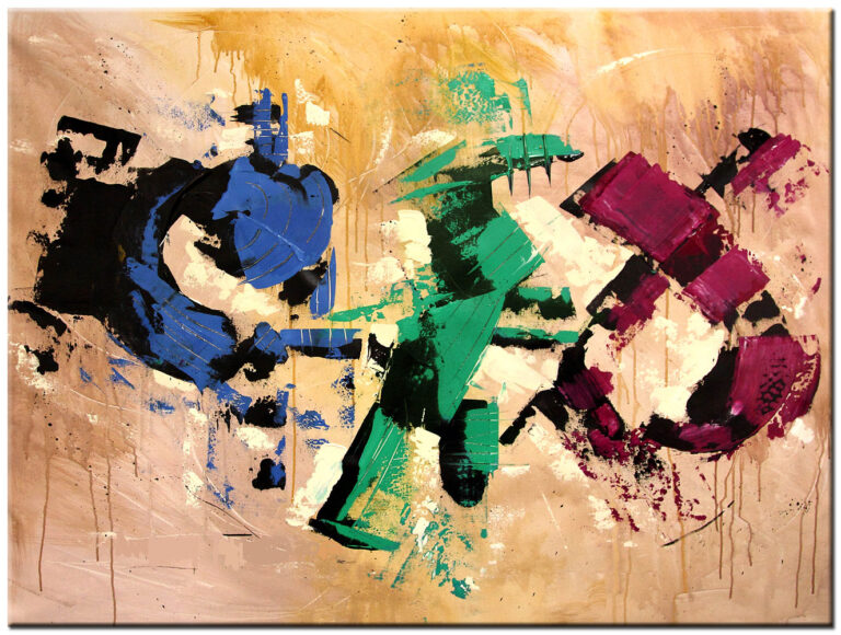 Abstract schilderij Kleur en Beweging handgeschilderd olieverf schilderij liggend formaat met dynamische abstracte vormen en kleurrijke compositie