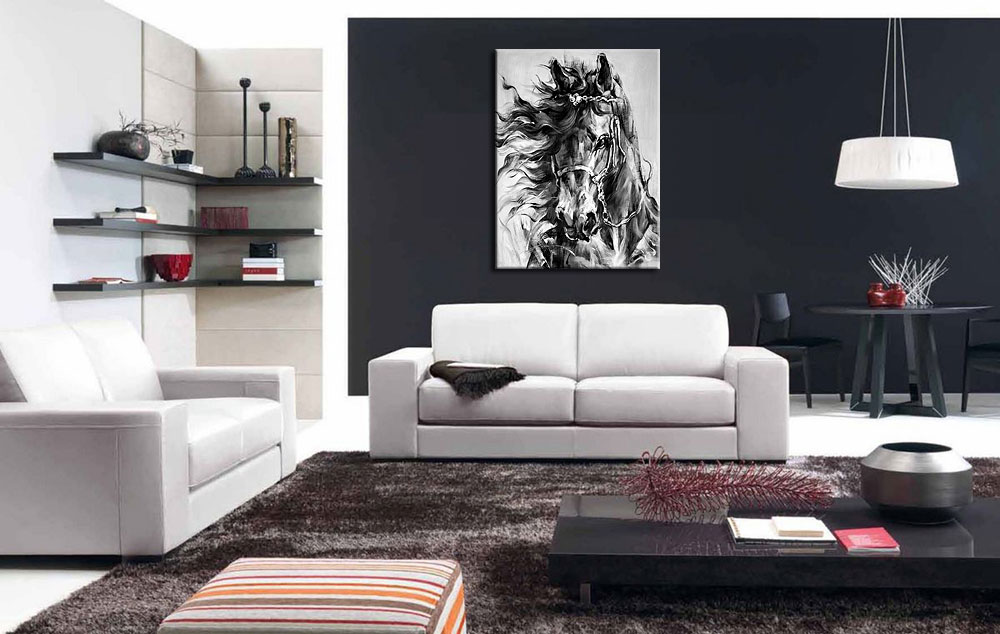 Paard zwart/wit schilderij 90x120cm - Afbeelding 4