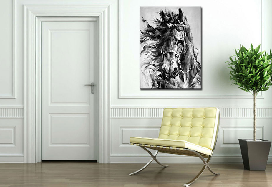 Paard zwart/wit schilderij 90x120cm - Afbeelding 3