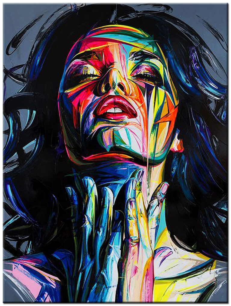 Vrouwen schilderij Stralende Passie kleurrijk figuratief olieverf schilderij met expressief portret in felle kleuren rood, geel en blauw