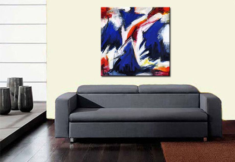 Rood-Wit-Blauw modern abstract schilderij 100x100cm - Afbeelding 2