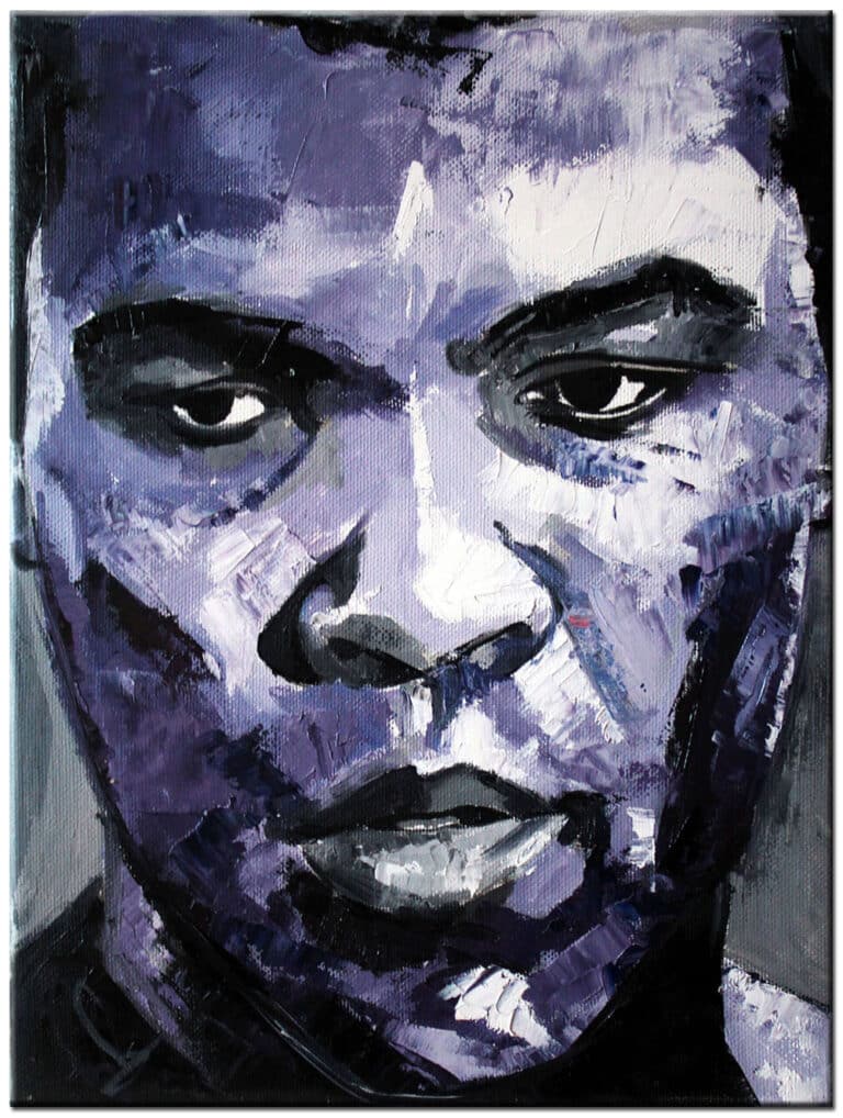 Schilderij Muhammad Ali – portret van de bokser in paars, zwart, wit en grijstinten