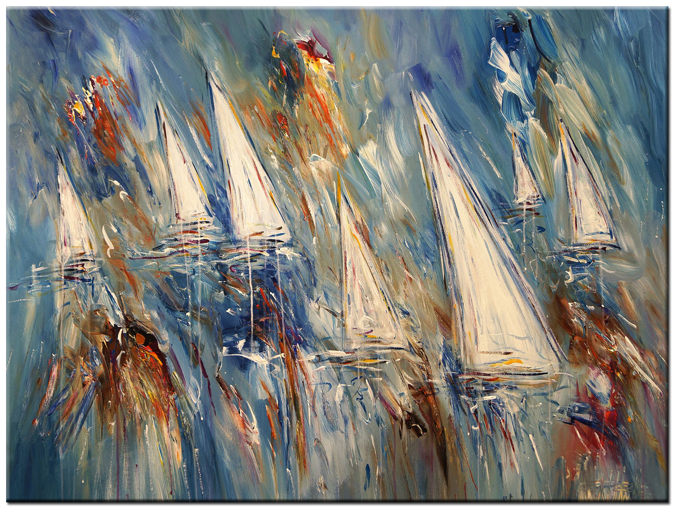 Zeilboten op Zee abstract modern schilderij 120x90cm