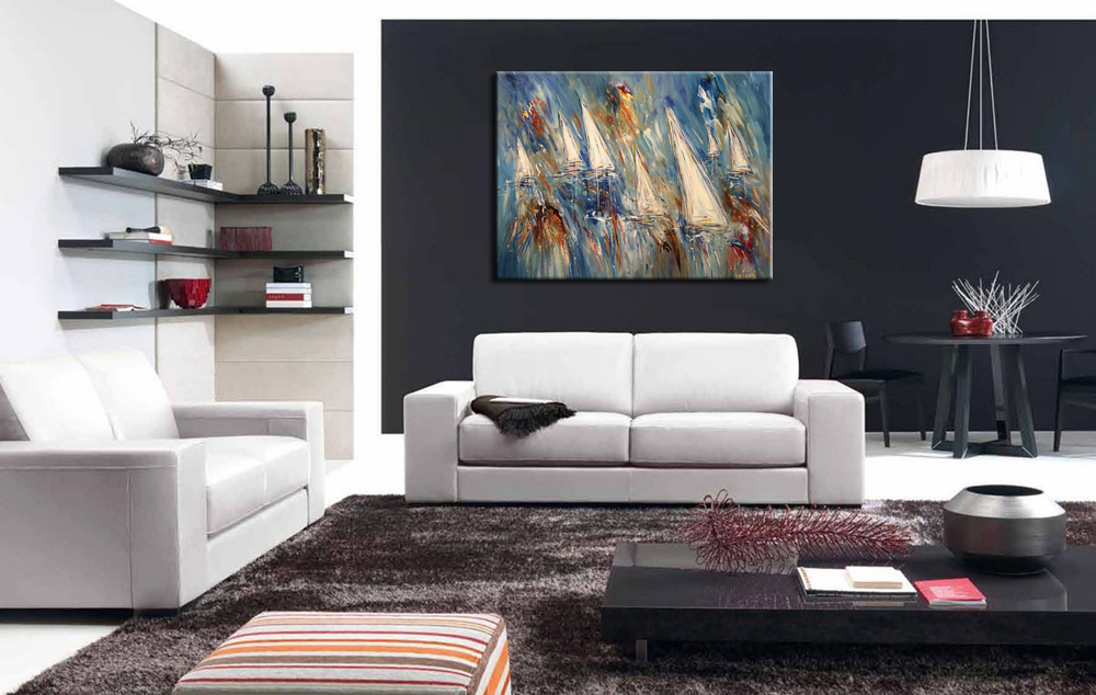 Zeilboten op Zee abstract modern schilderij 120x90cm - Afbeelding 3