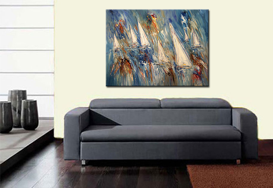 Zeilboten op Zee abstract modern schilderij 120x90cm - Afbeelding 4