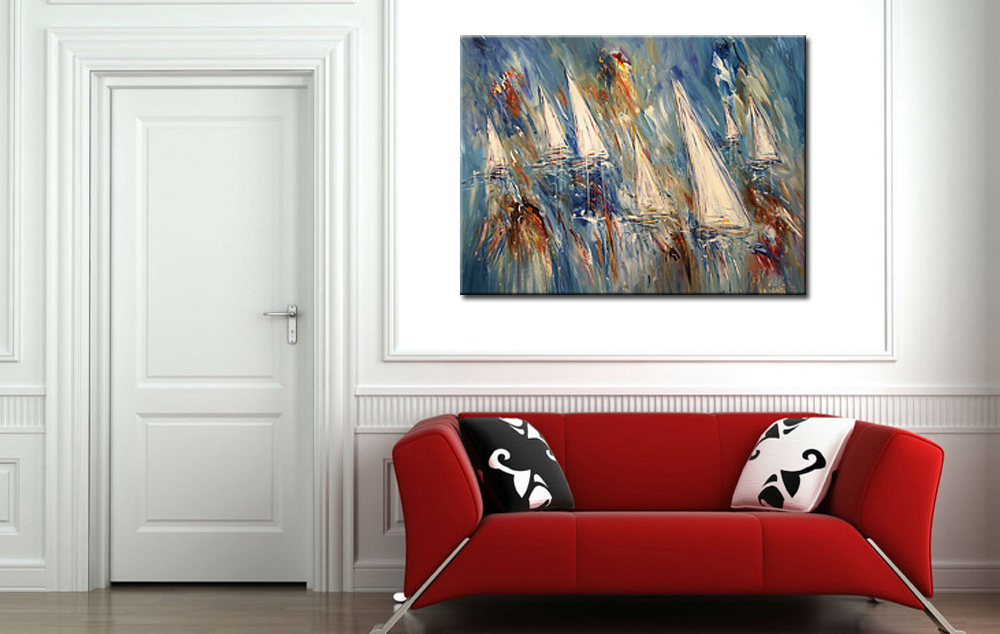 Zeilboten op Zee abstract modern schilderij 120x90cm - Afbeelding 2