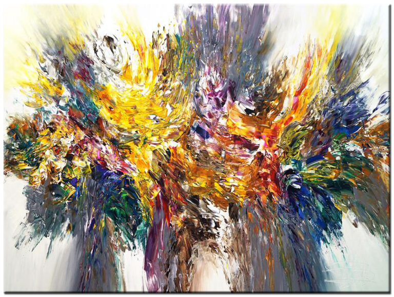 Abstract schilderij Gelaagde energie handgeschilderd olieverf schilderij met krachtige gelaagde penseelstreken en kleurrijke abstracte compositie