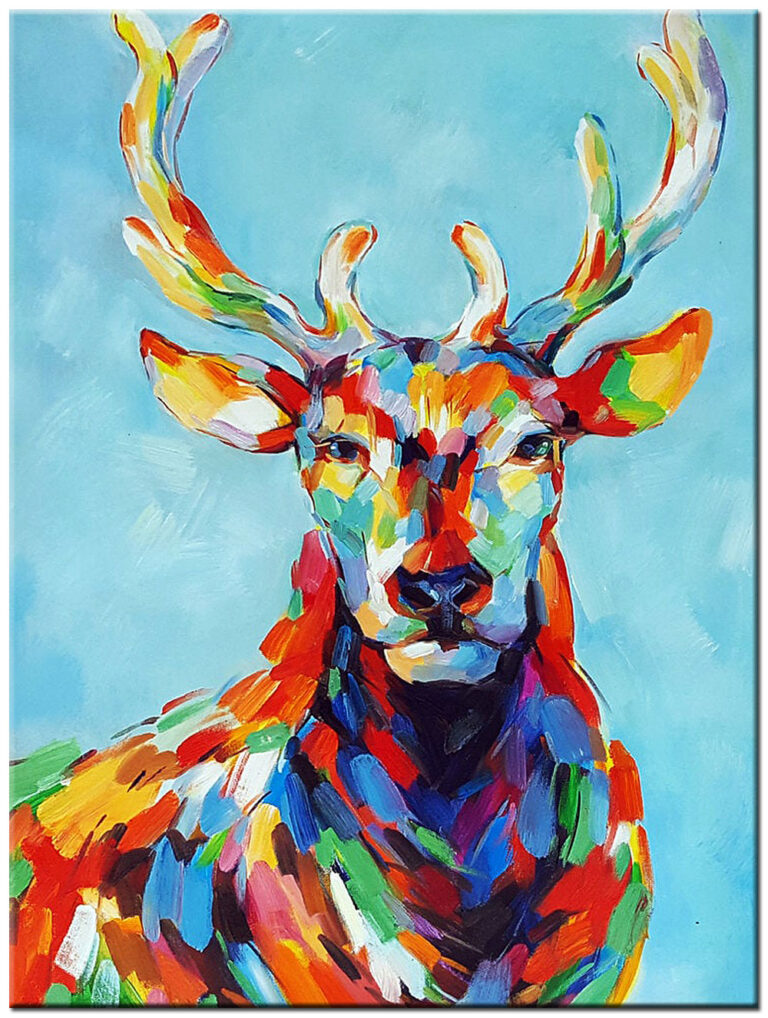 Modern schilderij Kleurrijk Edelhert handgeschilderd olieverf edelhert in kleurrijke tinten