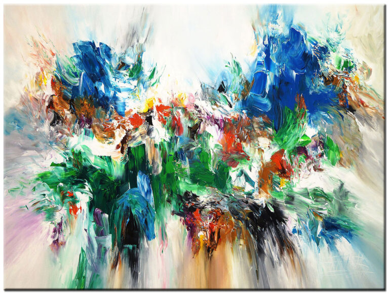 Abstract schilderij Flow of Color handgeschilderd olieverf schilderij met vloeiende kleurbanen en abstracte compositie in blauw en groen