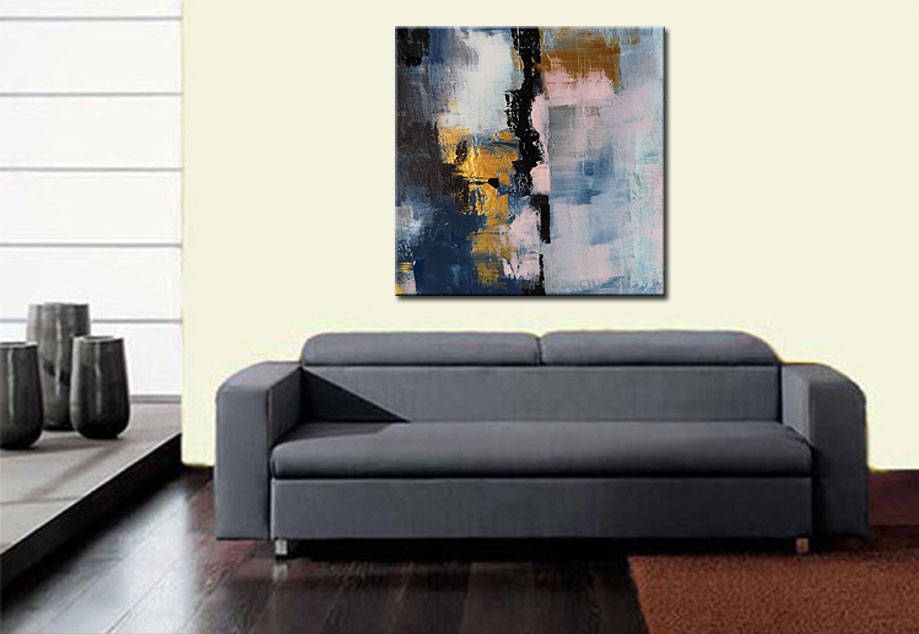 Abstract schilderij Goud en Blauw 100x100cm - Afbeelding 3