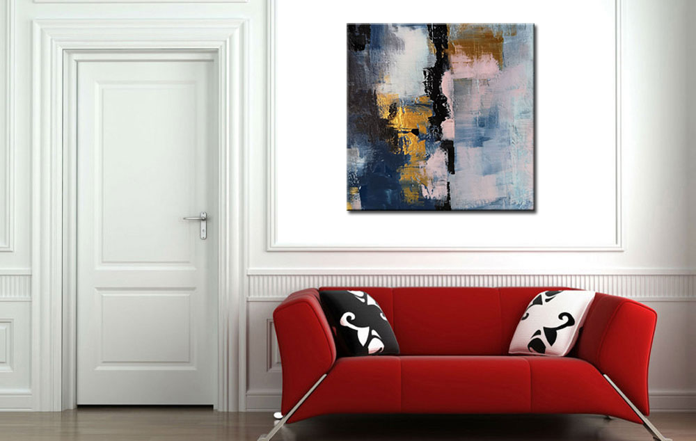 Abstract schilderij Goud en Blauw 100x100cm - Afbeelding 2