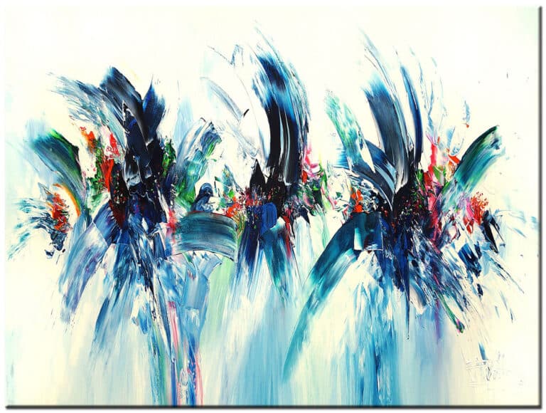 Abstract schilderij Blue Explosion met blauwe en kleurrijke penseelstreken