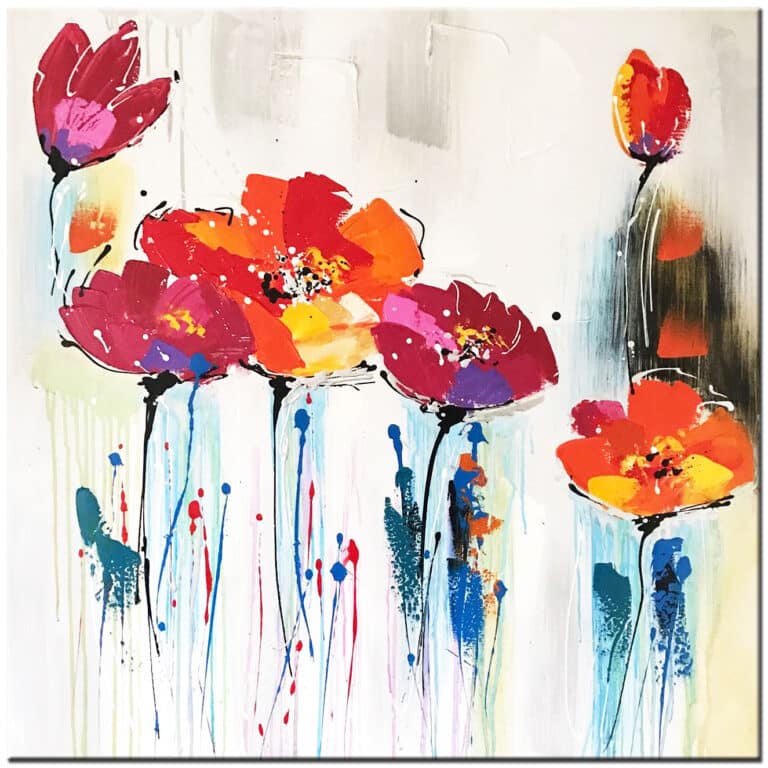 Bloemen schilderij Rode en Oranje Bloemen handgeschilderd modern abstract olieverf doek