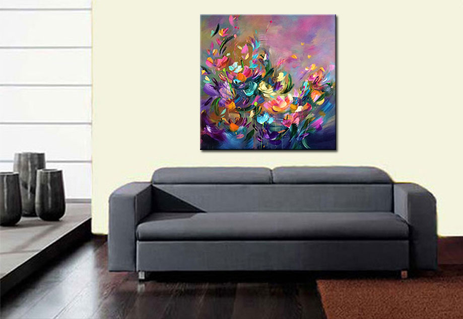 Bloemen schilderij Kleurrijk Boeket 100x100cm - Afbeelding 2