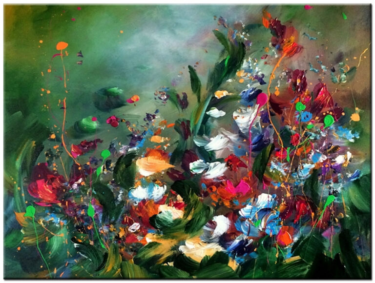 Handgeschilderd bloemen schilderij abstract groen met kleurrijke bloemen en moderne uitstraling