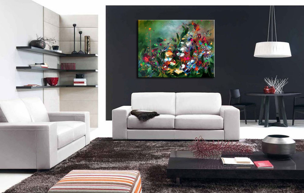 Bloemen schilderij abstract groen 120x90cm - Afbeelding 3