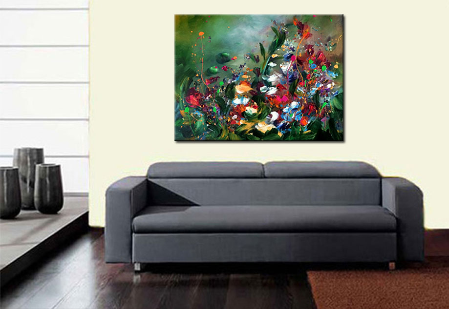Bloemen schilderij abstract groen 120x90cm - Afbeelding 4