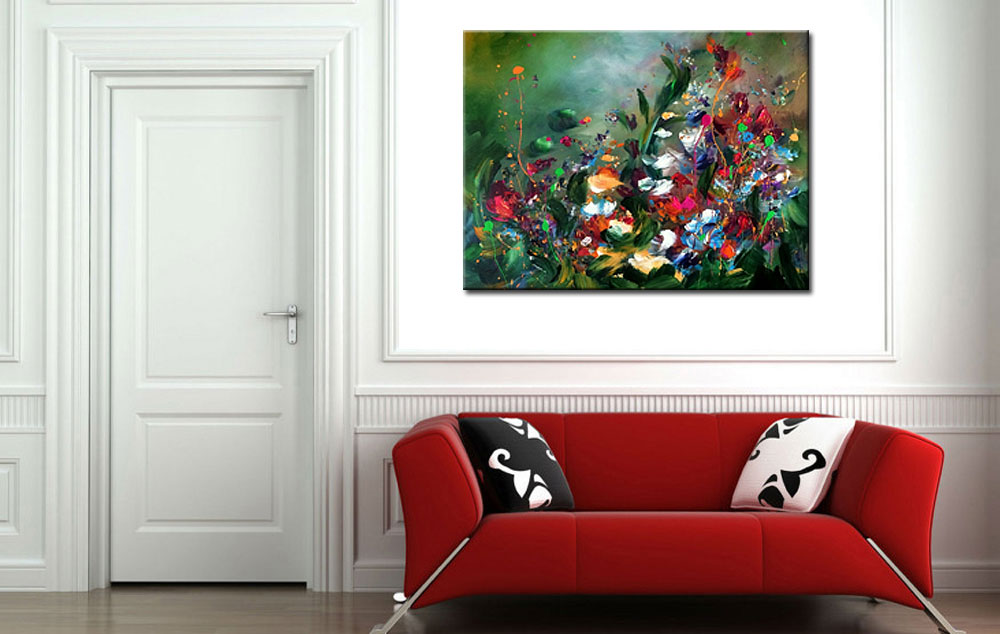 Bloemen schilderij abstract groen 120x90cm - Afbeelding 2