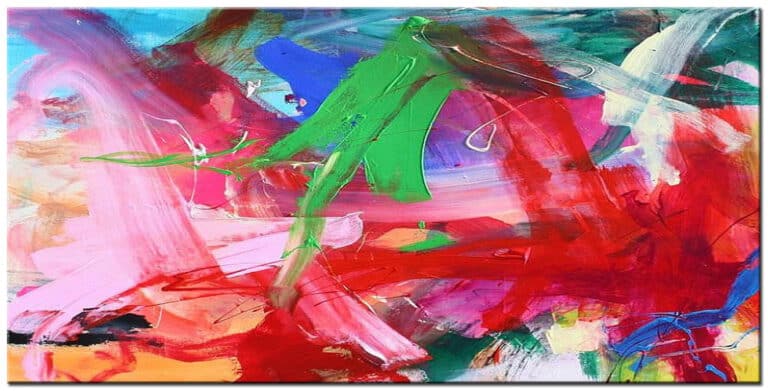 Schilderij Speelse Harmonie van Kleur – abstracte compositie in rood, roze, groen, blauw en turquoise