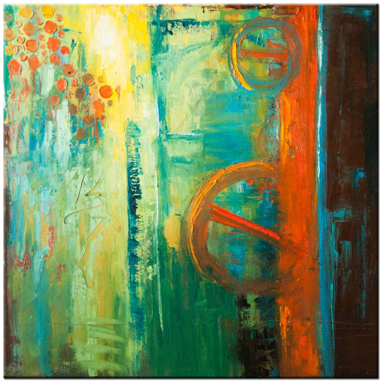 Abstract schilderij Industrial Green met groene en oranje tinten