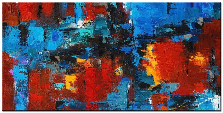 Schilderij Diepte van Kleur en Contrast – abstracte compositie in rood, blauw, turquoise, oranje en zwart