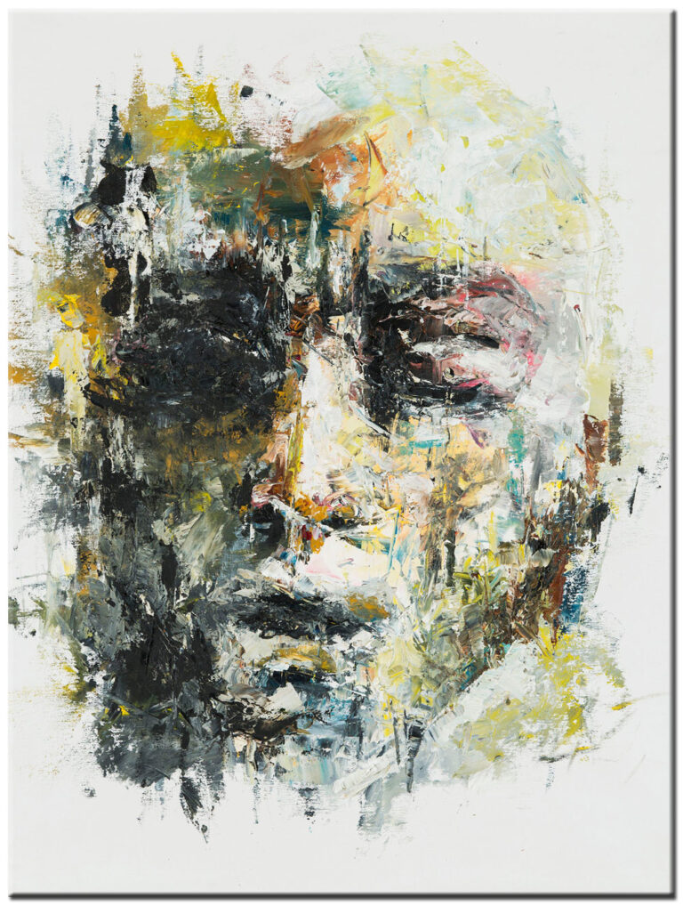 Schilderij Man of the World handgeschilderd abstract olieverf schilderij met modern gezicht in zwart wit en grijstinten