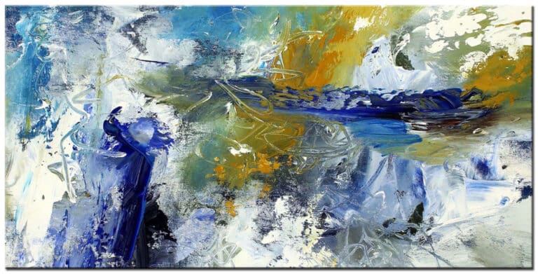 Schilderij Kracht van Blauw – abstracte compositie in diepblauw, wit, grijs en oker