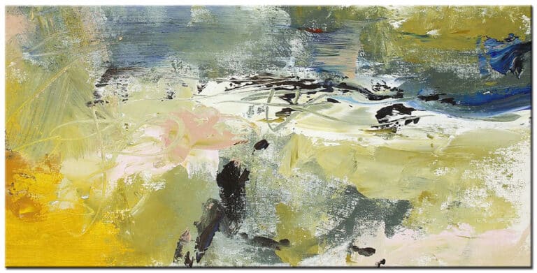 Schilderij Yellow Glow – abstracte compositie in geel, grijs, crème, groen en donkere accenten