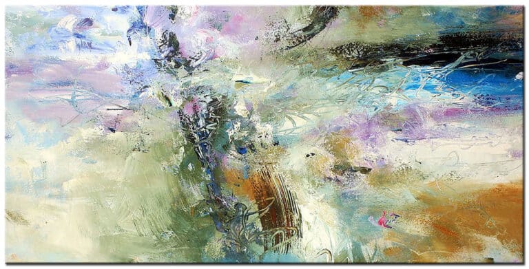 Schilderij Lente in Beweging – abstracte compositie in groen, blauw, lila, crème en zachte aardetinten