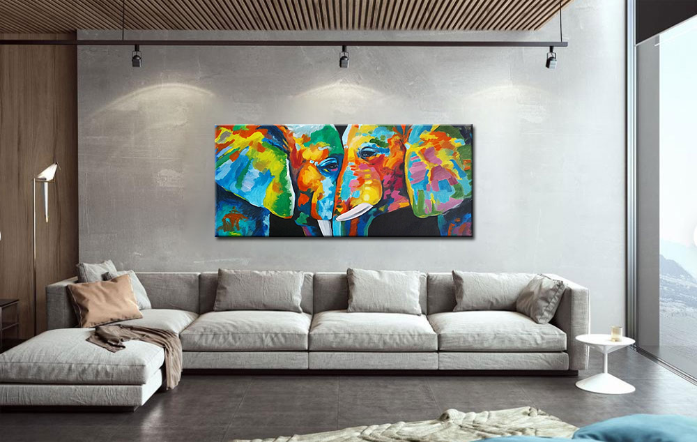 Olifanten Kleurrijk modern schilderij 160x70cm - Afbeelding 2