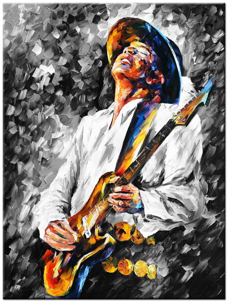 modern schilderij gitarist in beweging figuratief handgeschilderd olieverf schilderij met sterk contrast en muzikale energie