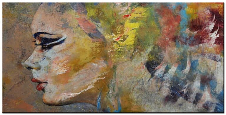 Vrouwen schilderij Zijdezachte Blik groot figuratief olieverf schilderij met vrouw in profiel en zachte warme kleuren