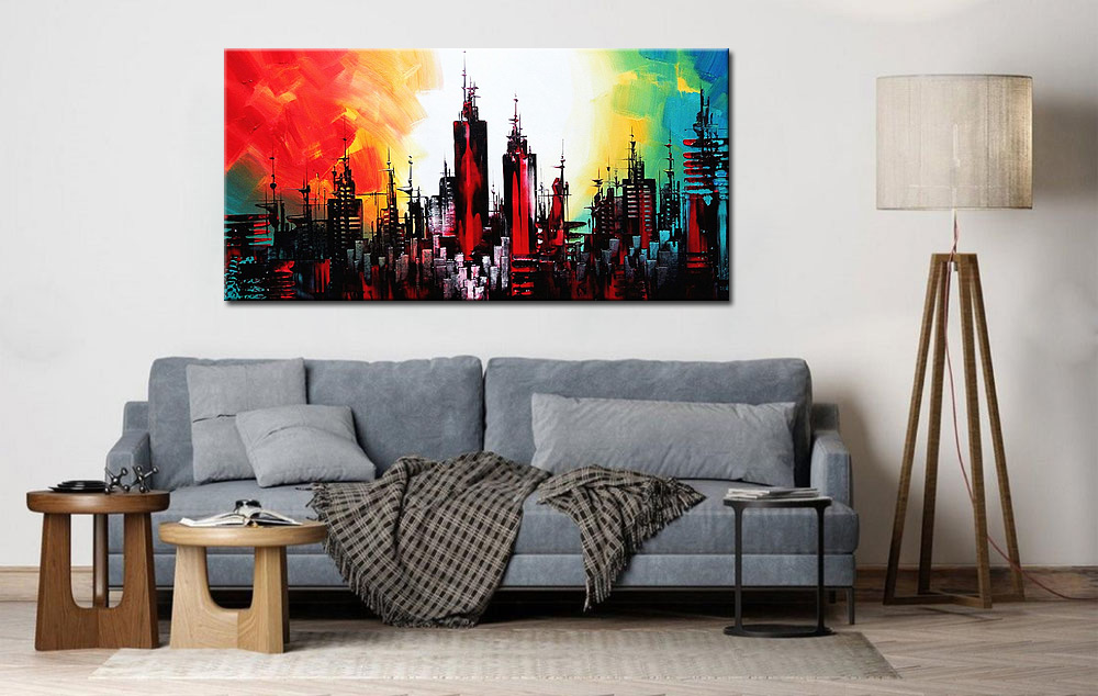 Skyline Avondrood modern groot schilderij - Afbeelding 4