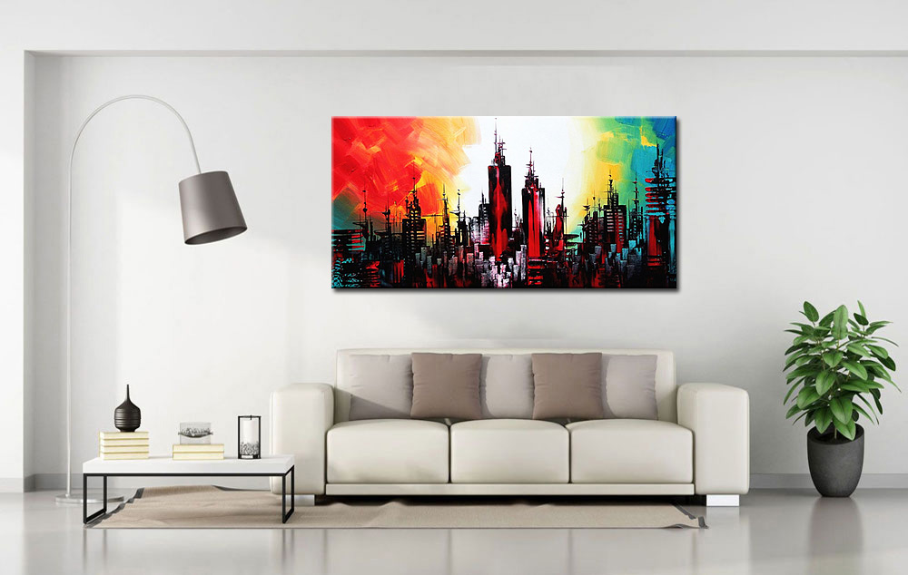 Skyline Avondrood modern groot schilderij - Afbeelding 2