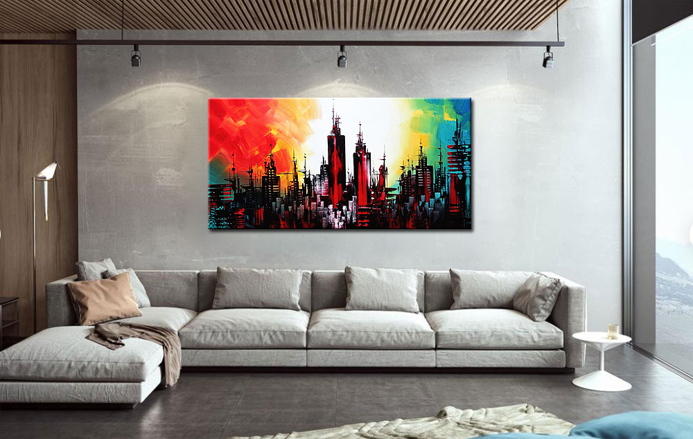 Skyline Avondrood modern groot schilderij - Afbeelding 3