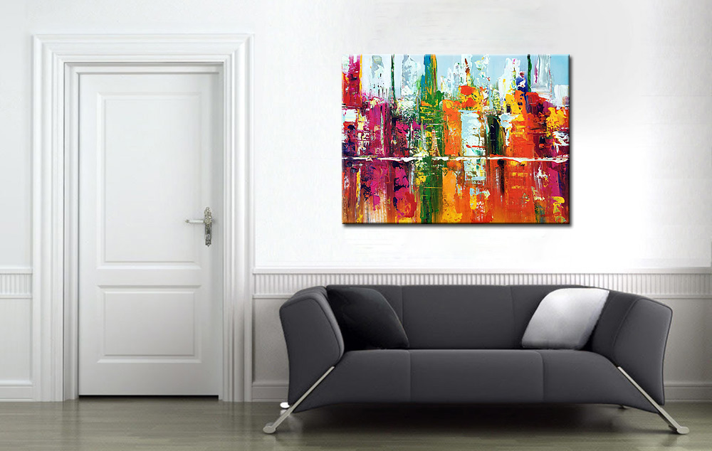 Kleurrijke stad abstract schilderij 120x90cm - Afbeelding 2