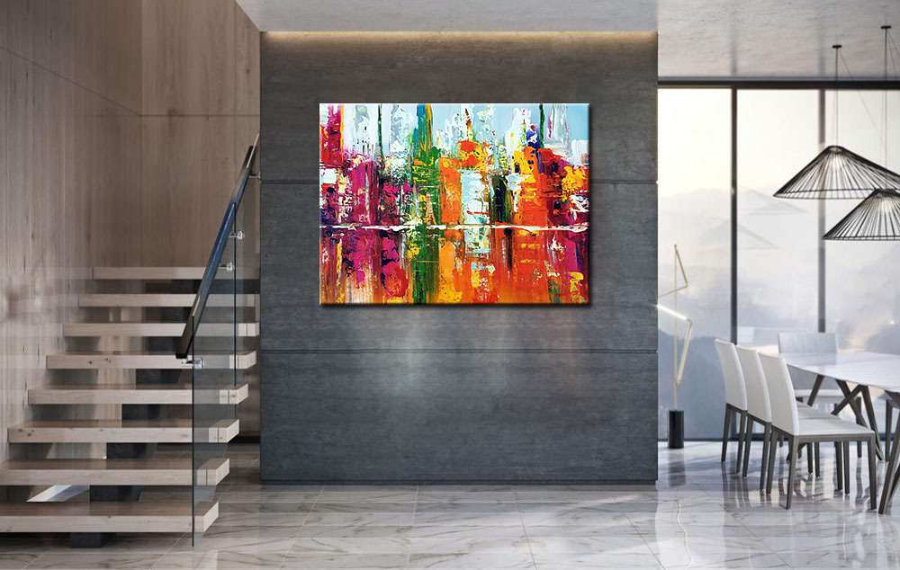 Kleurrijke stad abstract schilderij 120x90cm - Afbeelding 4