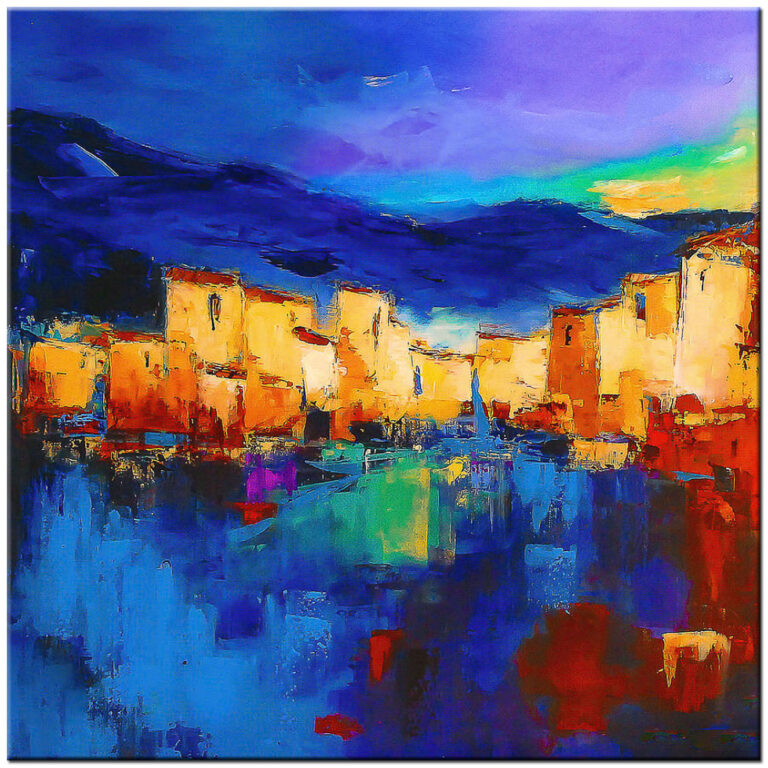 Abstract schilderij Kleurrijke Havenstad handgeschilderd olieverf schilderij met mediterrane stad en blauwe waterreflectie
