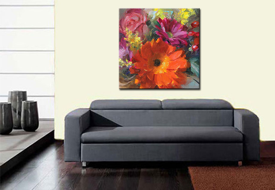 Bloemen schilderij Oranje Bloem en Roos - Afbeelding 2