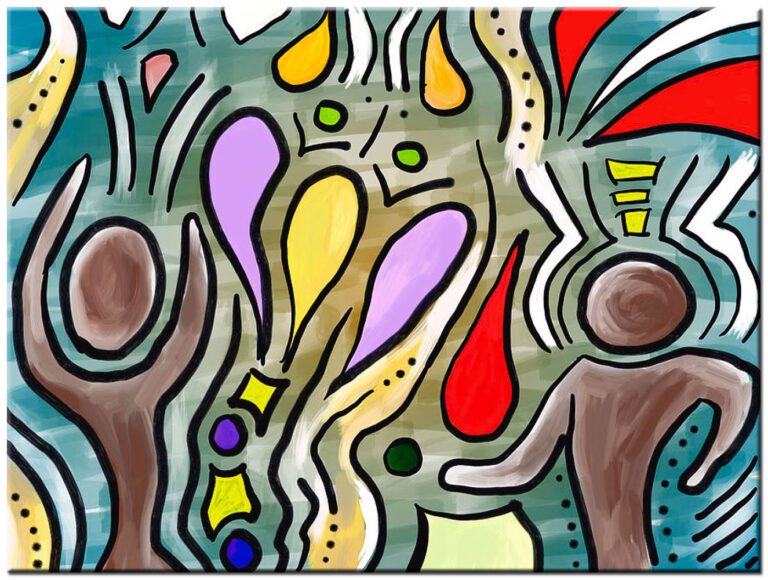 Schilderij Feestje Vieren handgeschilderd olieverf schilderij met kleurrijke abstracte vormen en figuren