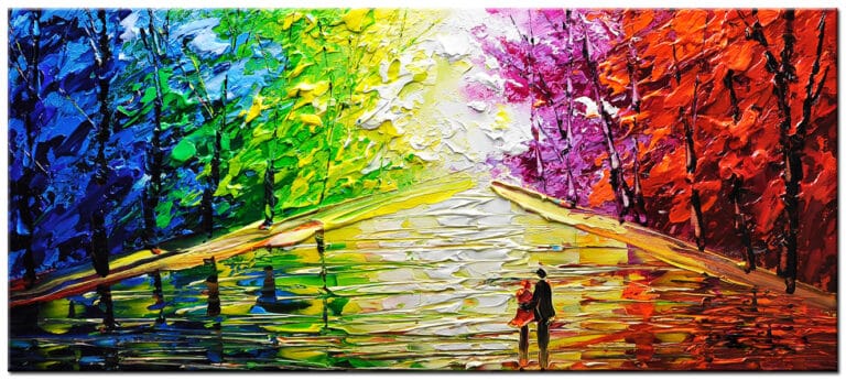 Figuratief schilderij Regenboog wandeling groot schilderij verf dik opgezet