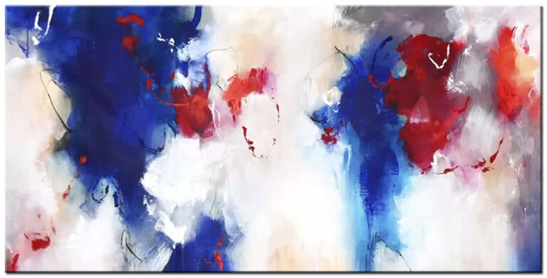 Schilderij Azure Pulse – abstracte compositie in diepblauw, rood, wit en zachte pasteltinten