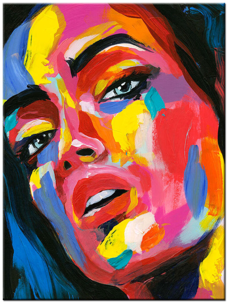 Vrouwen schilderij Kleurrijke Vrouw figuratief olieverf schilderij met expressief portret in felle kleuren rood, geel, blauw en oranje