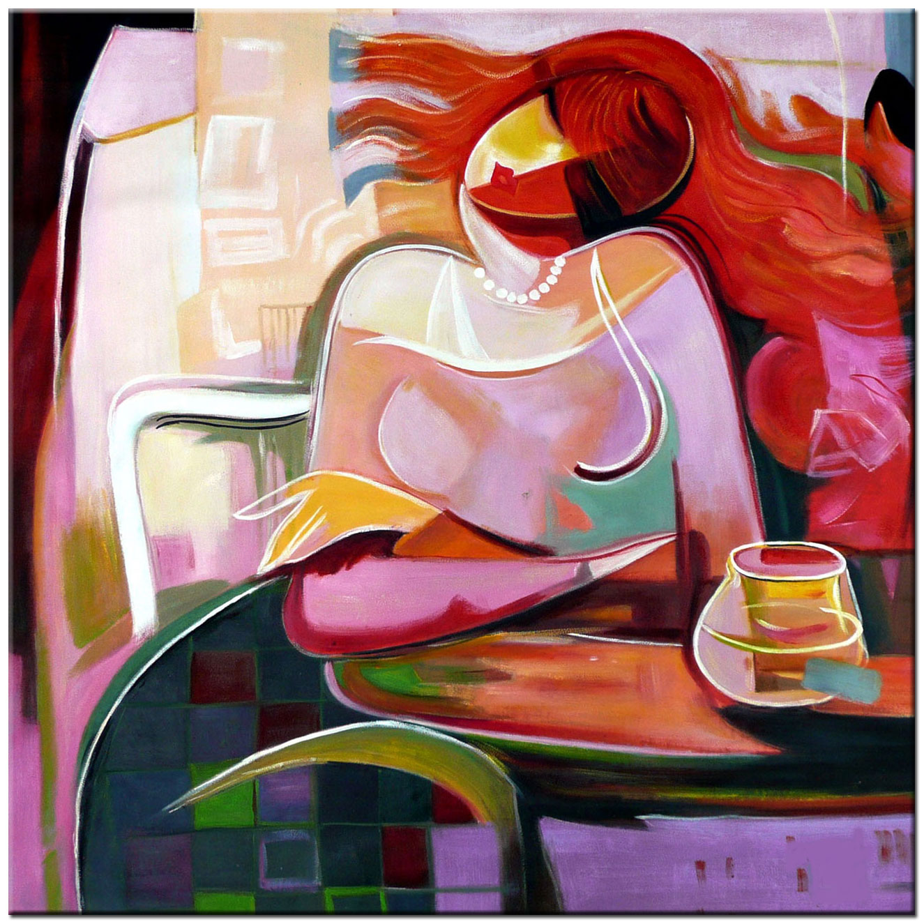 Figuratief modern schilderij Dame aan Tafel