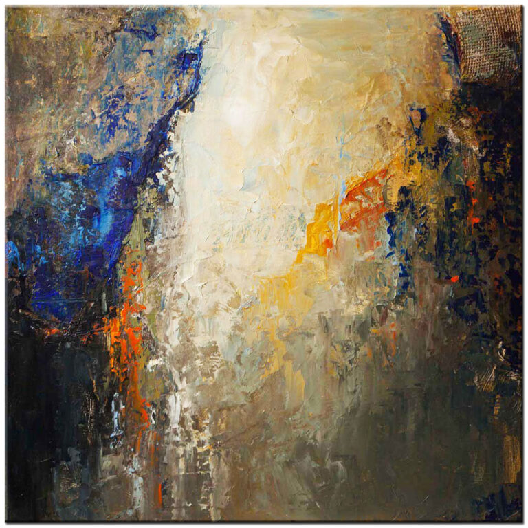 Abstract schilderij Rotswand met aardse tinten, blauw en geel