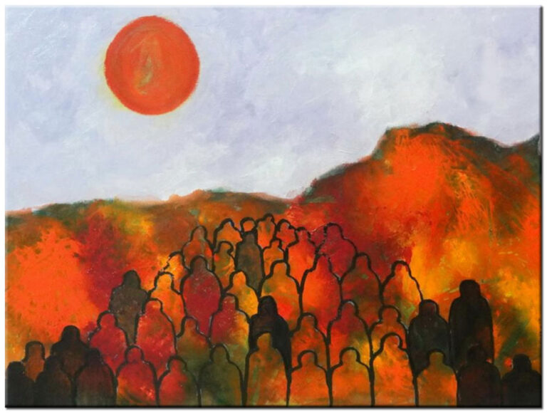 Landschap schilderij Figuren in Warm Licht handgeschilderd olieverf schilderij met figuren, warm licht en rood-oranje tinten