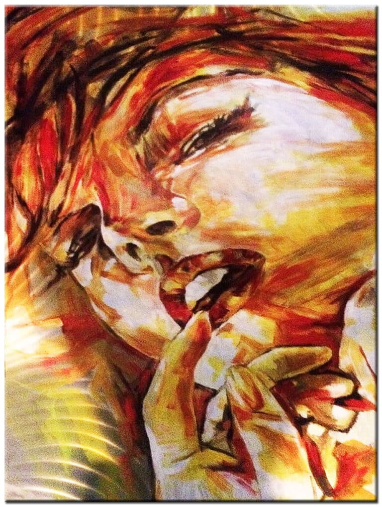 Schilderij Vurige Emotie – sensueel vrouwenportret in warme rood-, geel- en oranjetinten