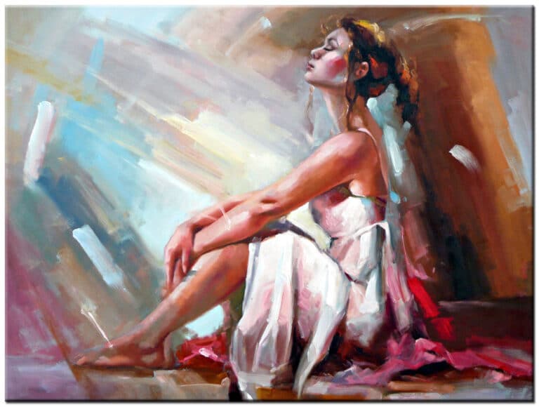 Schilderij Dreaming Girl – zittende vrouw in lichte jurk geschilderd in zachte blauw-, roze- en warme aardetinten