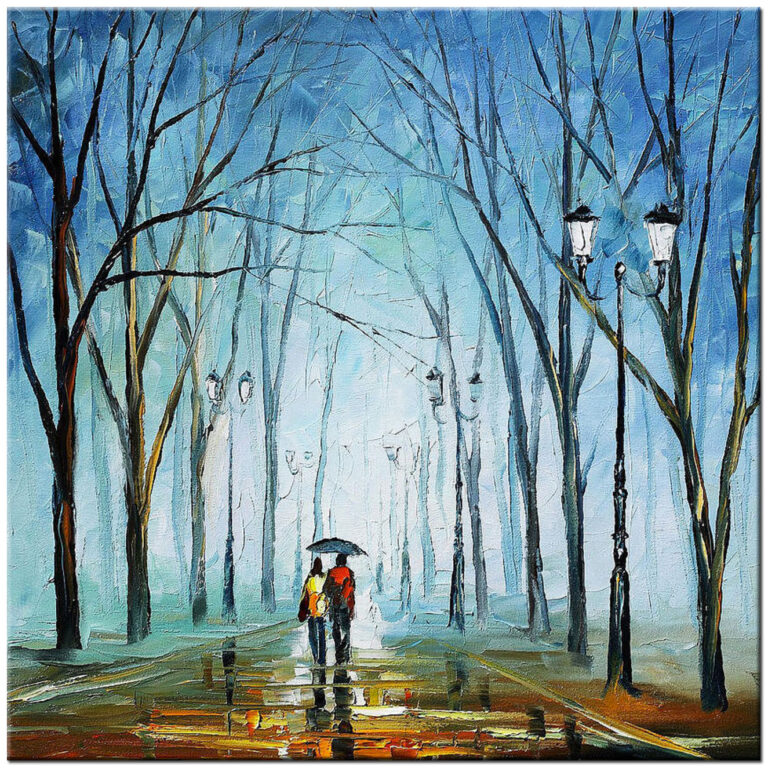Schilderij Winterwandeling in het Park handgeschilderd olieverf schilderij met wandelaars en winterse bomen