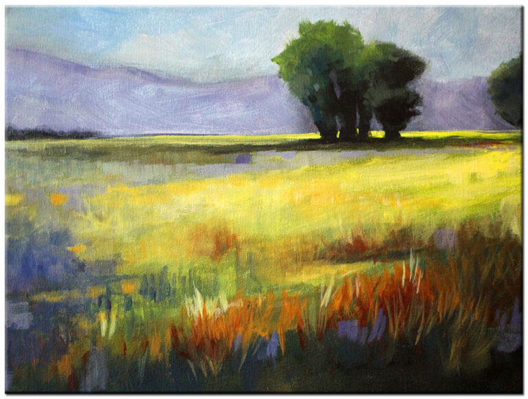 Landschap schilderij Zonnig Veldlandschap handgeschilderd olieverf schilderij met open veld, bomen en groen-gele tinten